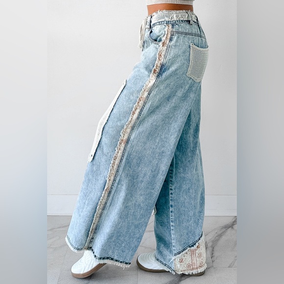 NWT POL Patchwork Crochet Boho Floral Print Wide Leg Relaxed Fit Denim Jean Pant - Picture 5 of 11